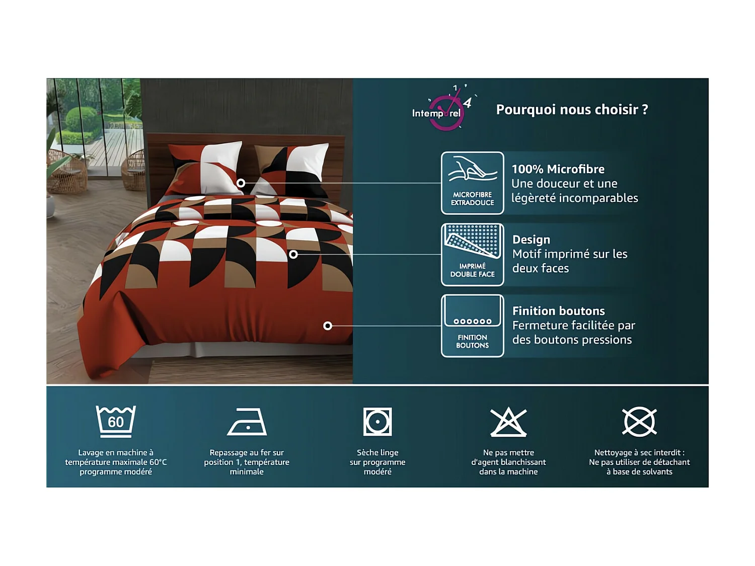 Parure housse de couette microfibre 140X200 cm RETRO rouge, par Intemporel