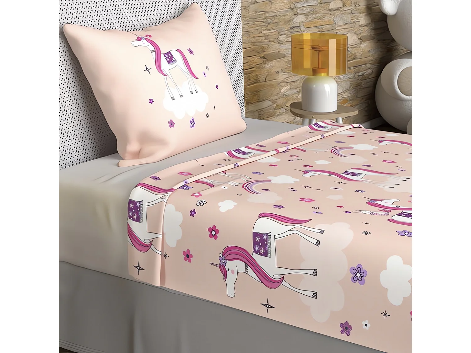Set de sábanas 180x290 cm Unicornios rosa, 100% algodón 57 hilos/cm2
