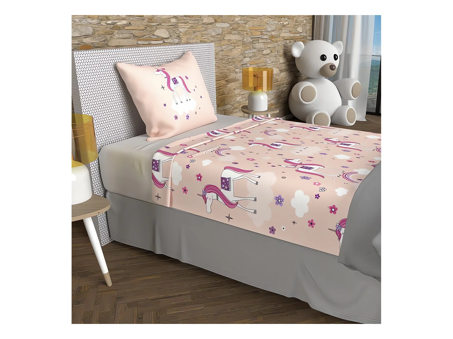 Parure de draps 180x290 cm LICORNES rose, 100% coton 57 fils/cm2, par Soleil d'Ocre