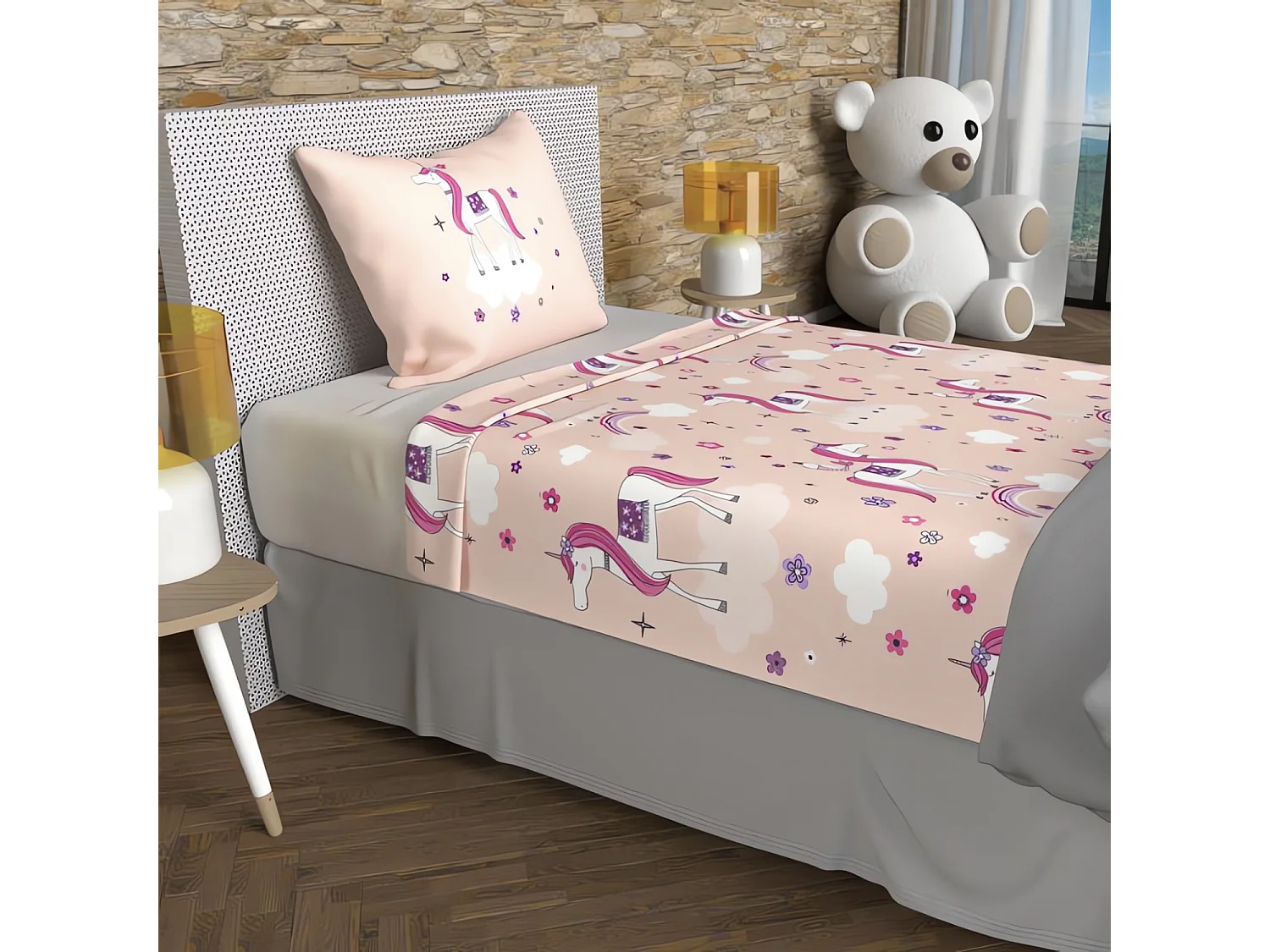 Set de sábanas 180x290 cm LISOcornios rosa, 100% algodón 57 hilos/cm2