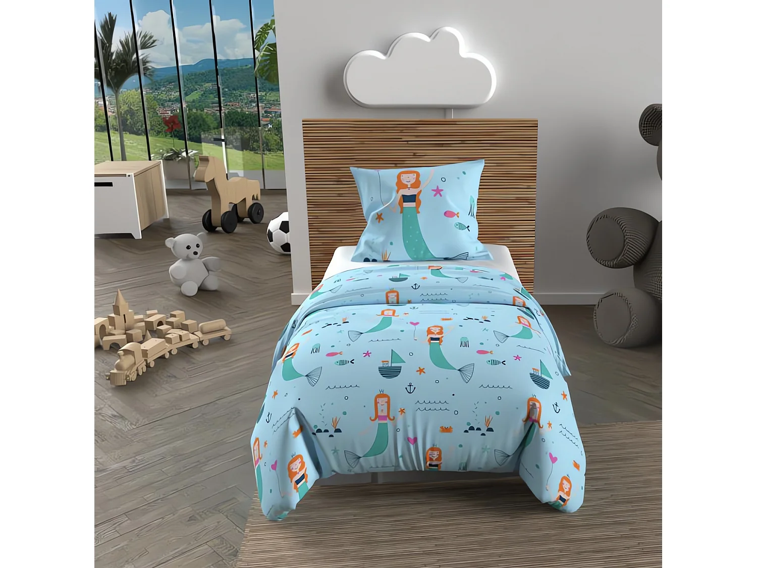 Parure housse de couette 120x150 cm SIRENES bleu, 100% coton 57 fils/cm2, par Soleil d'Ocre