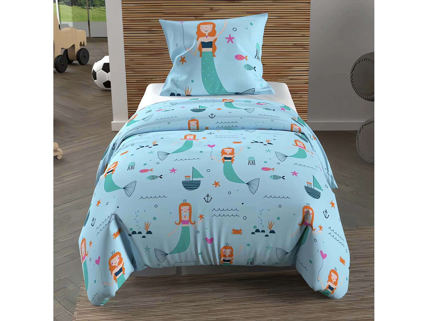 Parure housse de couette 120x150 cm SIRENES bleu, 100% coton 57 fils/cm2, par Soleil d'Ocre