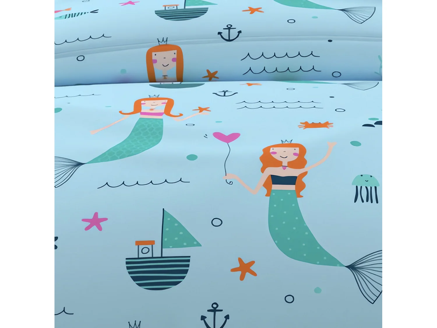 Parure housse de couette 120x150 cm SIRENES bleu, 100% coton 57 fils/cm2, par Soleil d'Ocre