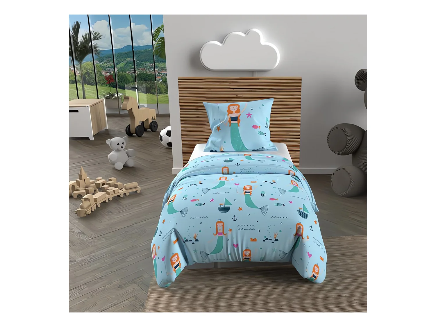 Parure housse de couette 120x150 cm SIRENES bleu, 100% coton 57 fils/cm2, par Soleil d'Ocre