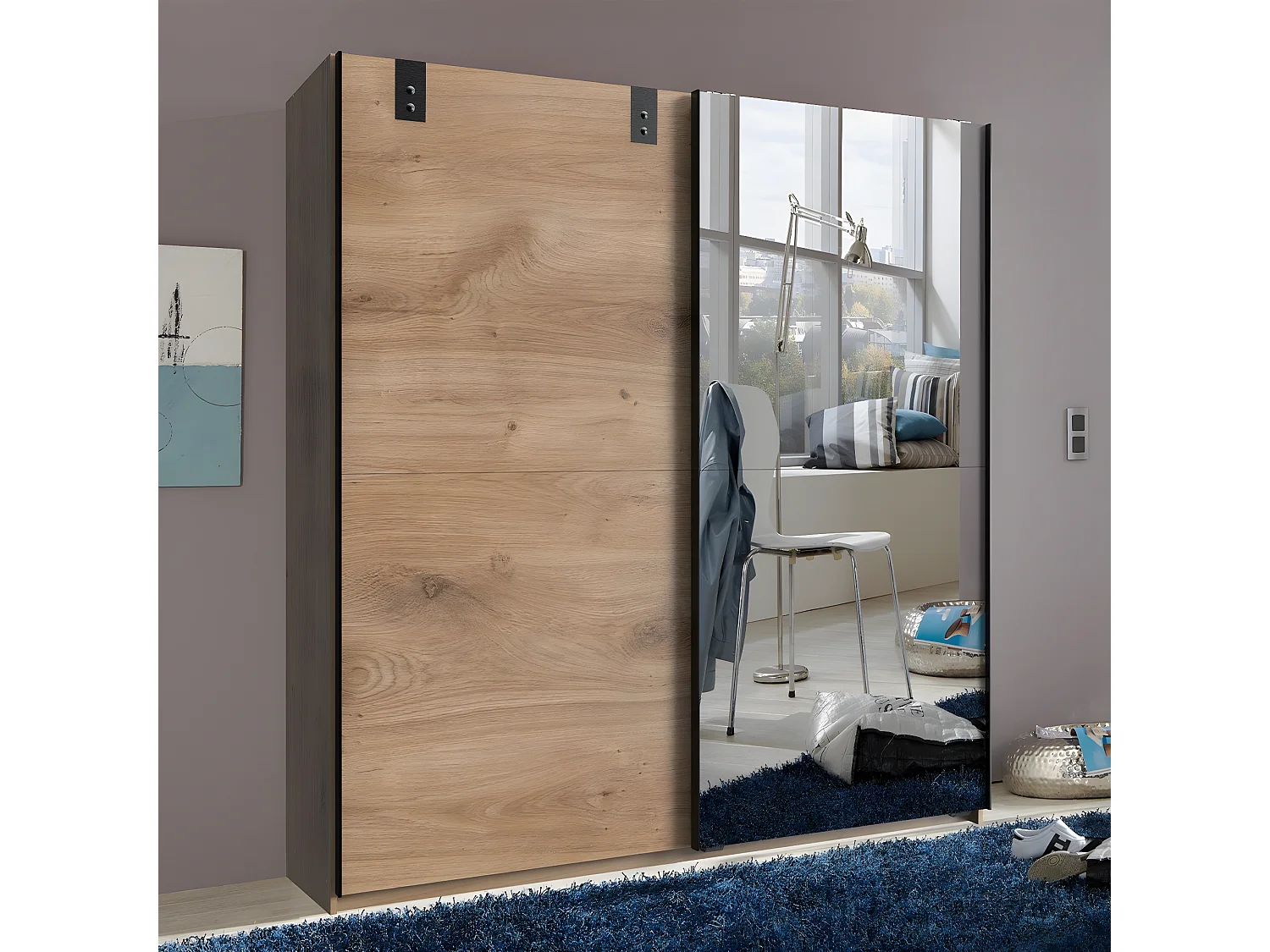 Schrank mit 2 Schiebetüren, 1 Spiegeltür und 1 Eichentür - L180 cm