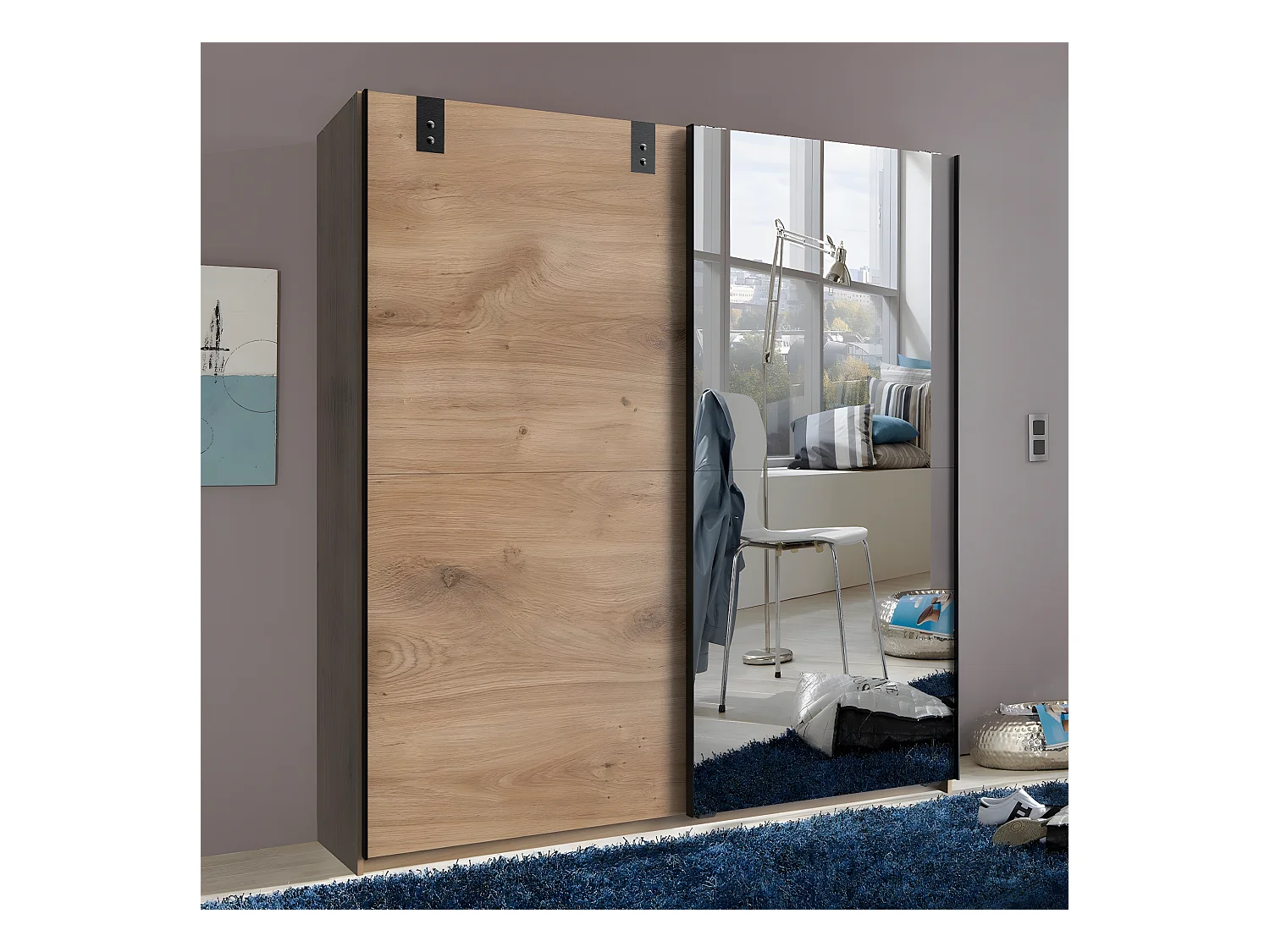 Armadio 2 ante scorrevoli 1 porta specchio + 1 porta in quercia - L180 cm