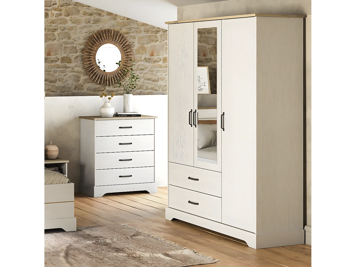 Armario 3 puertas, 1 espejo y 2 cajones Cottage - H199,60 cm