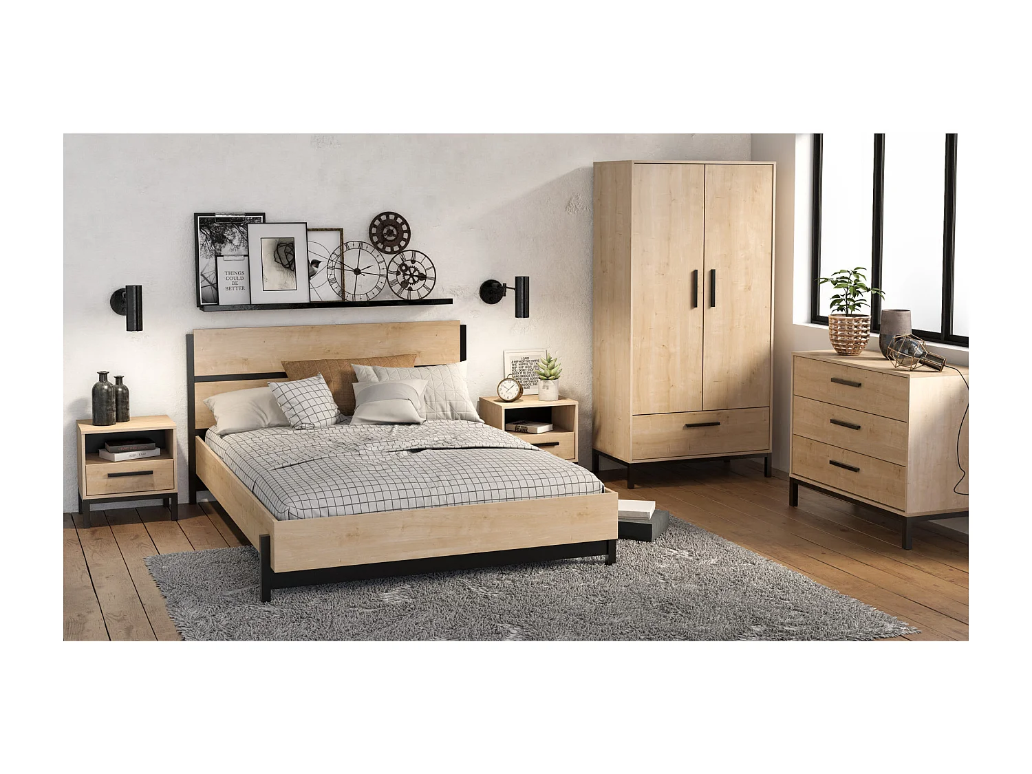 Armoire 2 portes et 1 tiroir décor chêne et noir mat H180 cm - CRAFT