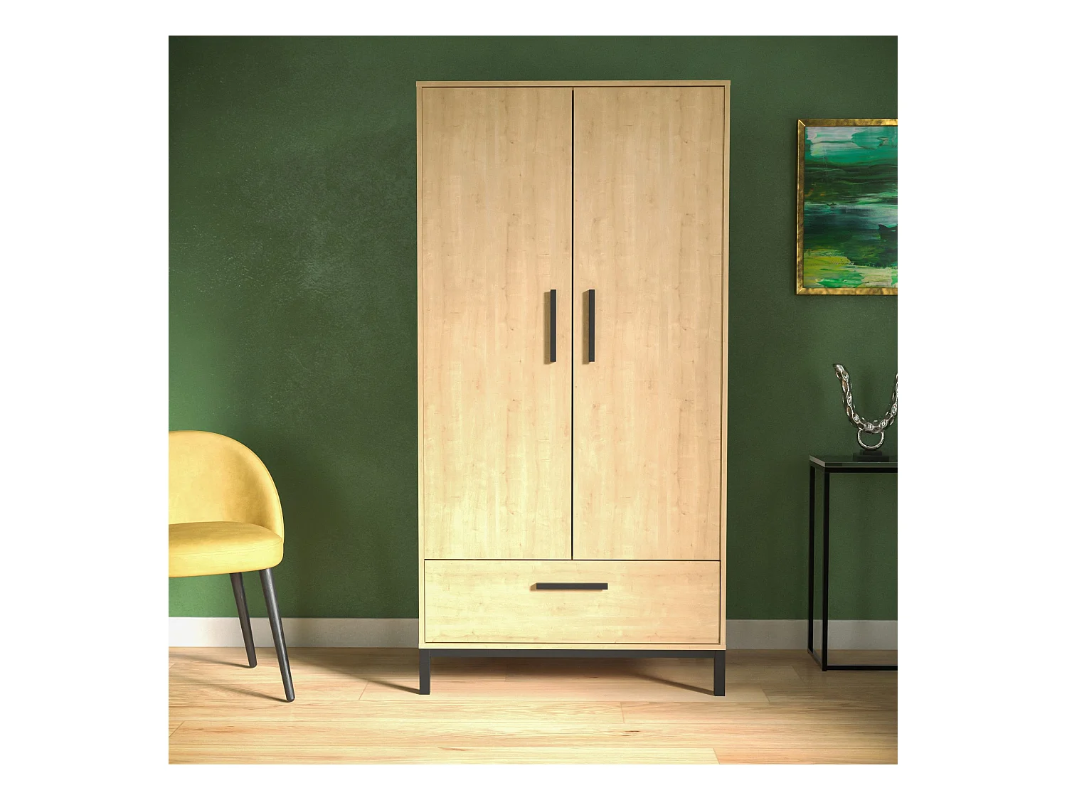 Armoire 2 portes et 1 tiroir décor chêne et noir mat H180 cm - CRAFT