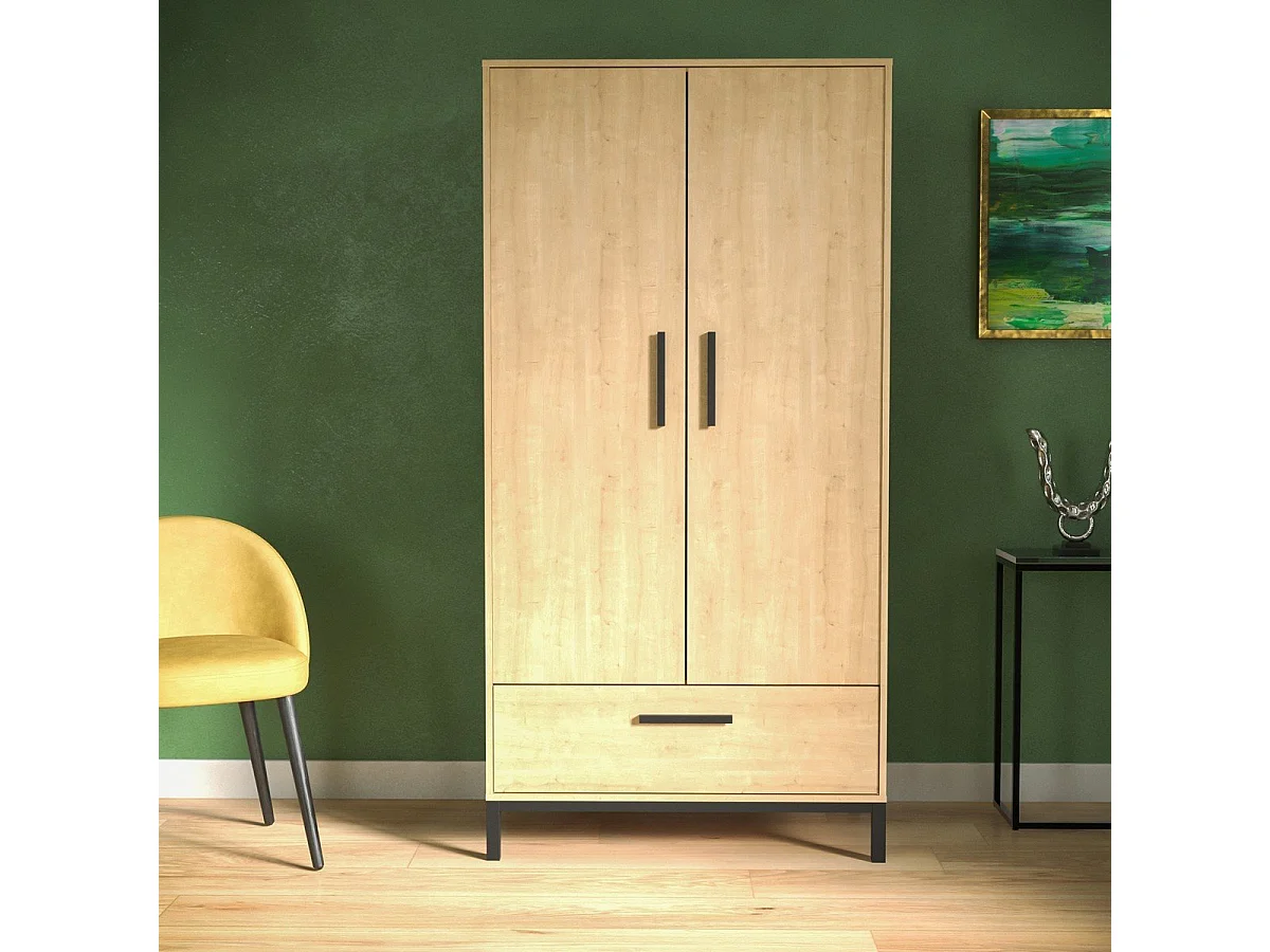 Armoire 2 portes et 1 tiroir décor chêne et noir mat H180 cm - CRAFT