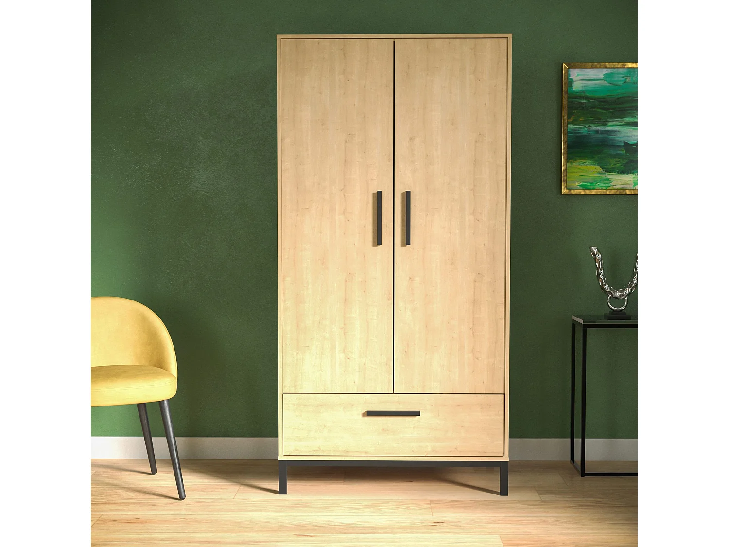 Armoire 2 portes et 1 tiroir décor chêne et noir mat H180 cm - CRAFT