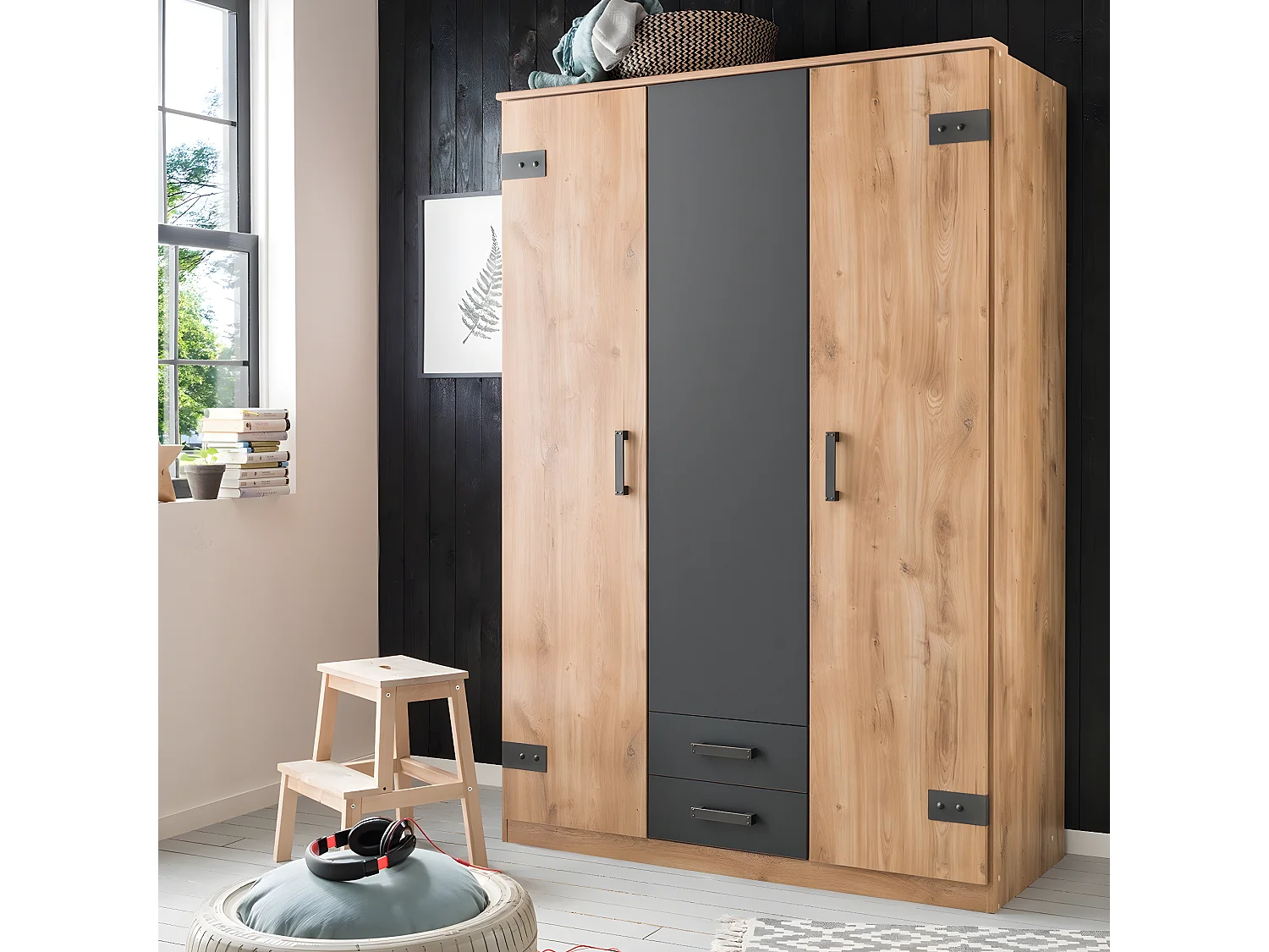 Armoire 3 portes décor chêne et 2 tiroirs - L135 cm