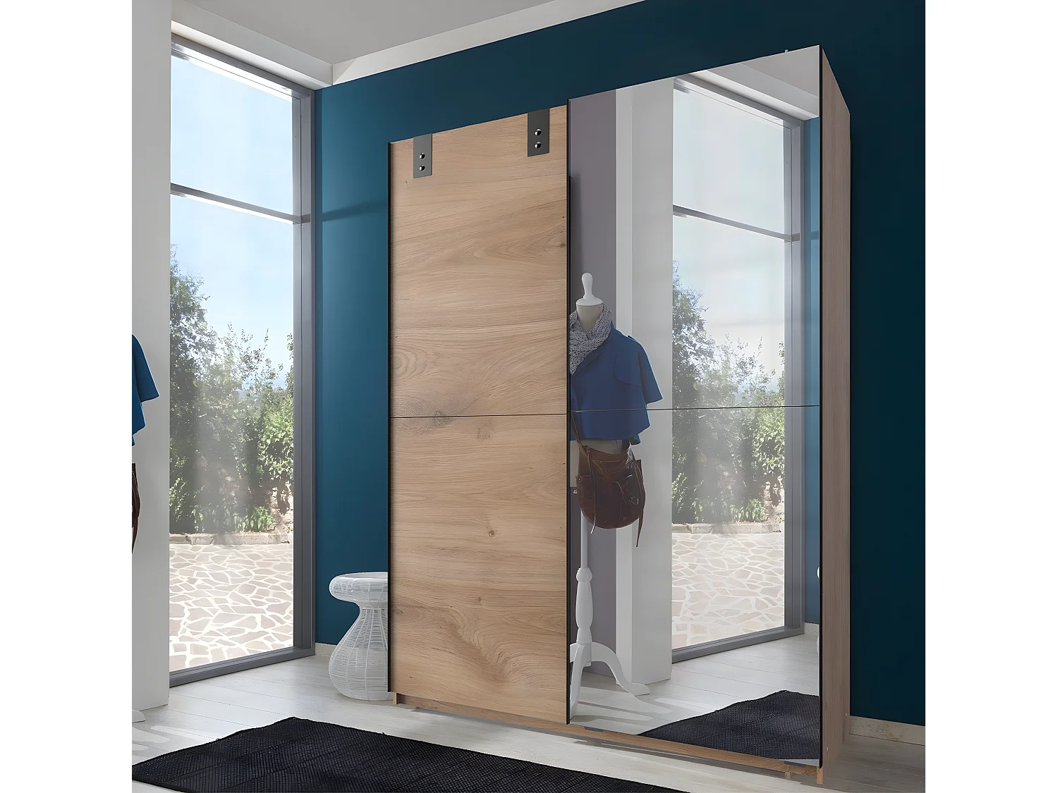 Armadio 2 ante scorrevoli 1 porta specchio + 1 porta in quercia - L135 cm