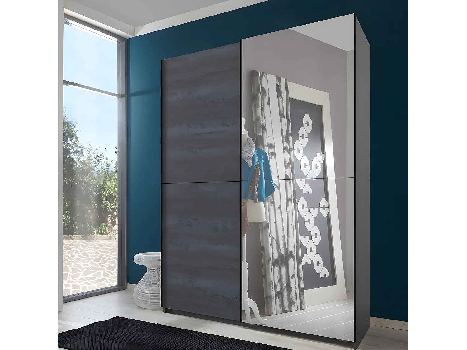 Kleiderschrank mit 2 Schiebetüren, davon 1 Spiegel - L135 cm