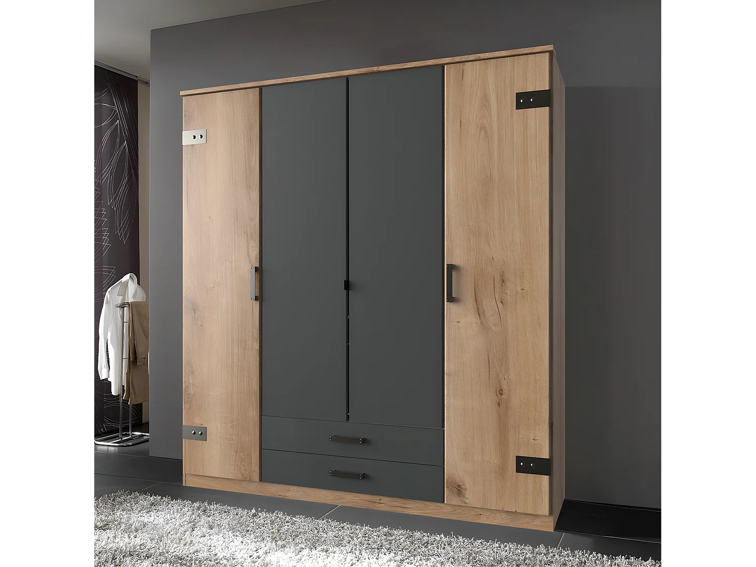 Armoire 4 portes décor chêne et graphite - L180 cm