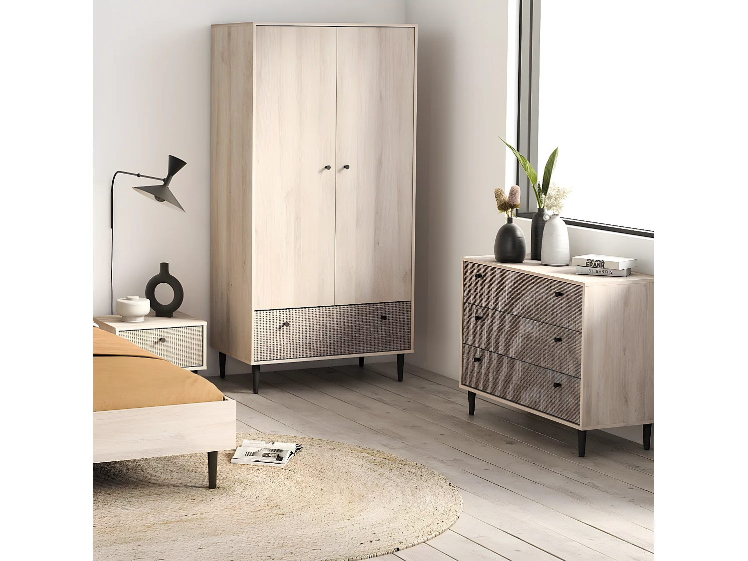 Kledingkast 2 deuren en 1 lade, eiken kronberg decor, rotan en mat zwart Saïgon - H181,1 cm