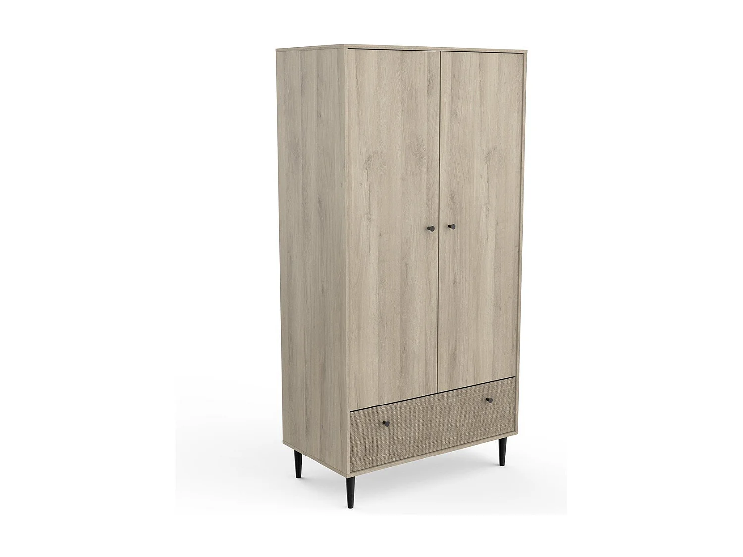 Kledingkast 2 deuren en 1 lade, eiken kronberg decor, rotan en mat zwart Saïgon - H181,1 cm