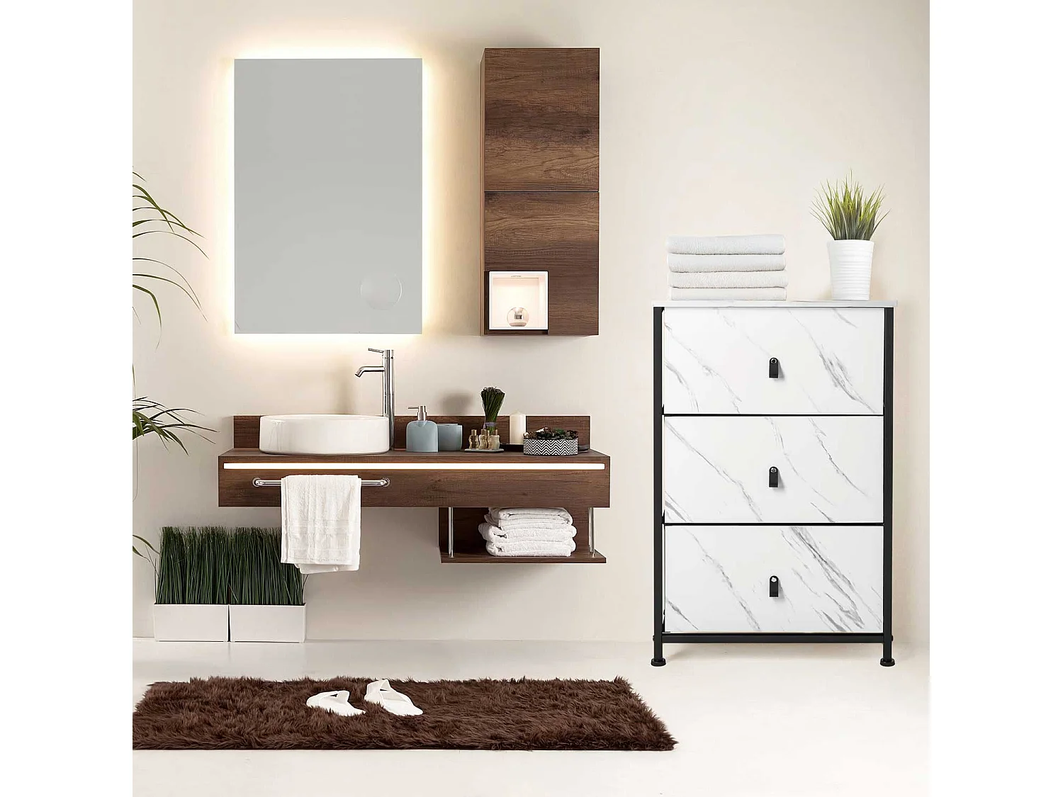 Fedra - Cassettiera 3 cassetti in tessuto, frontale e ripiano superiore in legno melaminico laminato