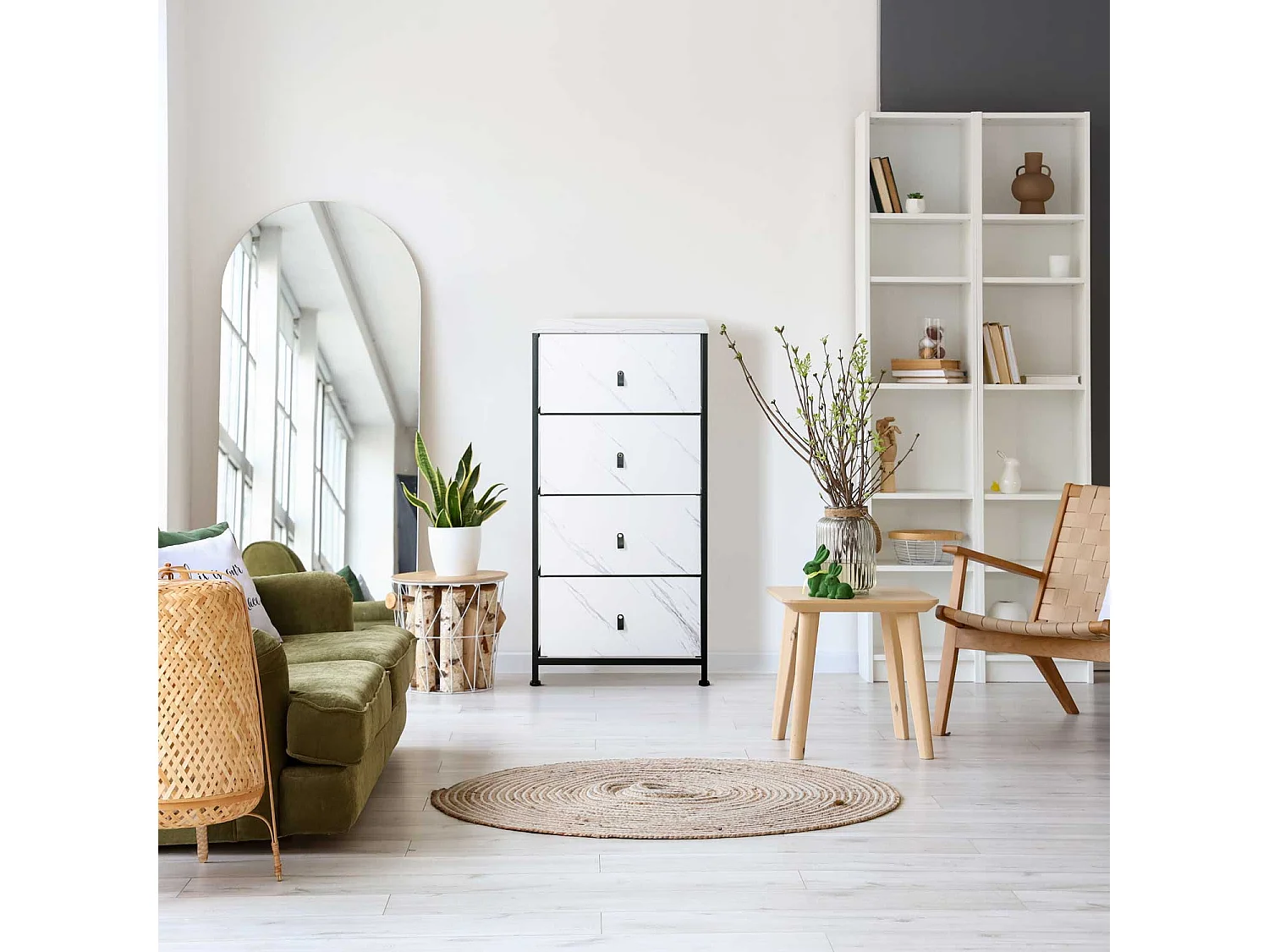 Apollonia - Cassettiera 4 cassetti in tessuto, frontale e ripiano superiore in legno melaminico laminato