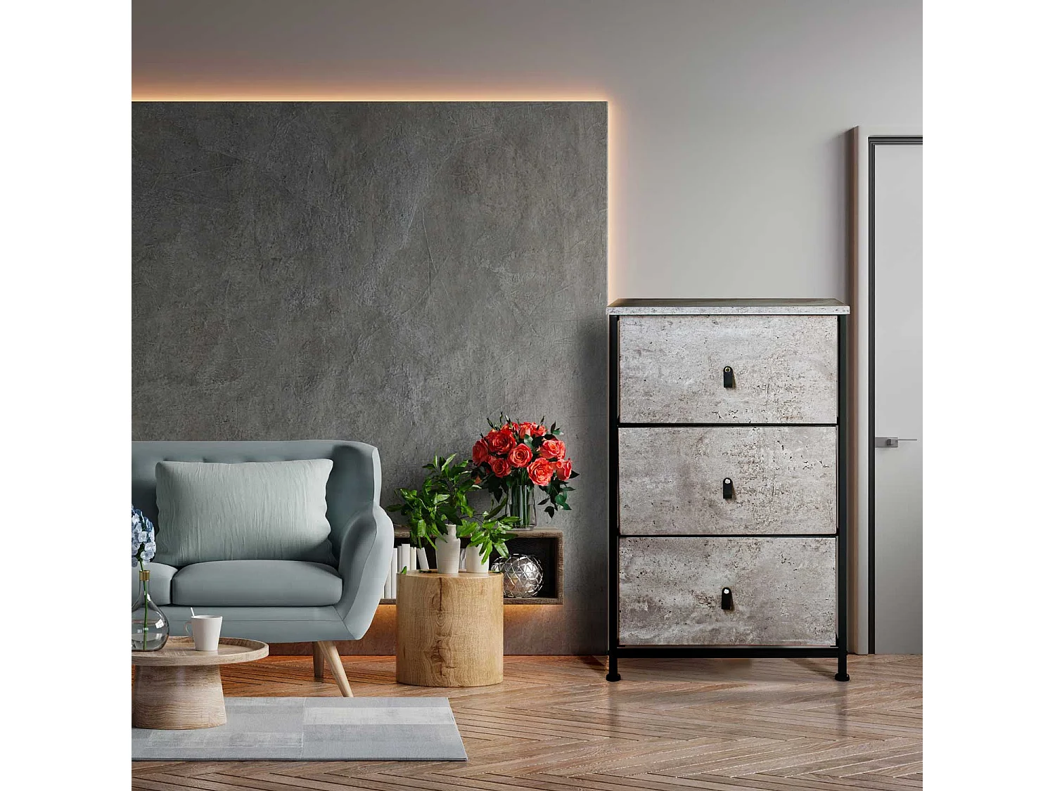 Fedra - Cômoda 3 gavetas em tecido, frente e prateleira superior em madeira laminada de melamina