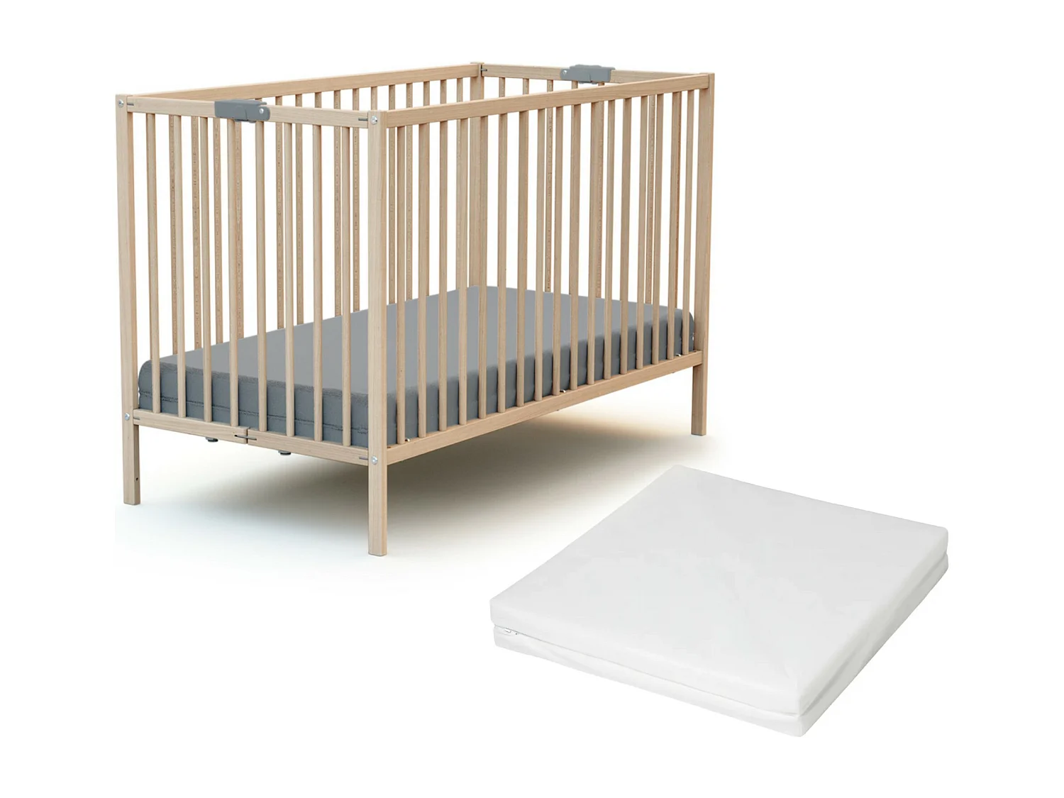 Lit bébé pliant 60 x 120 en bois Hêtre Brut avec matelas FLEX