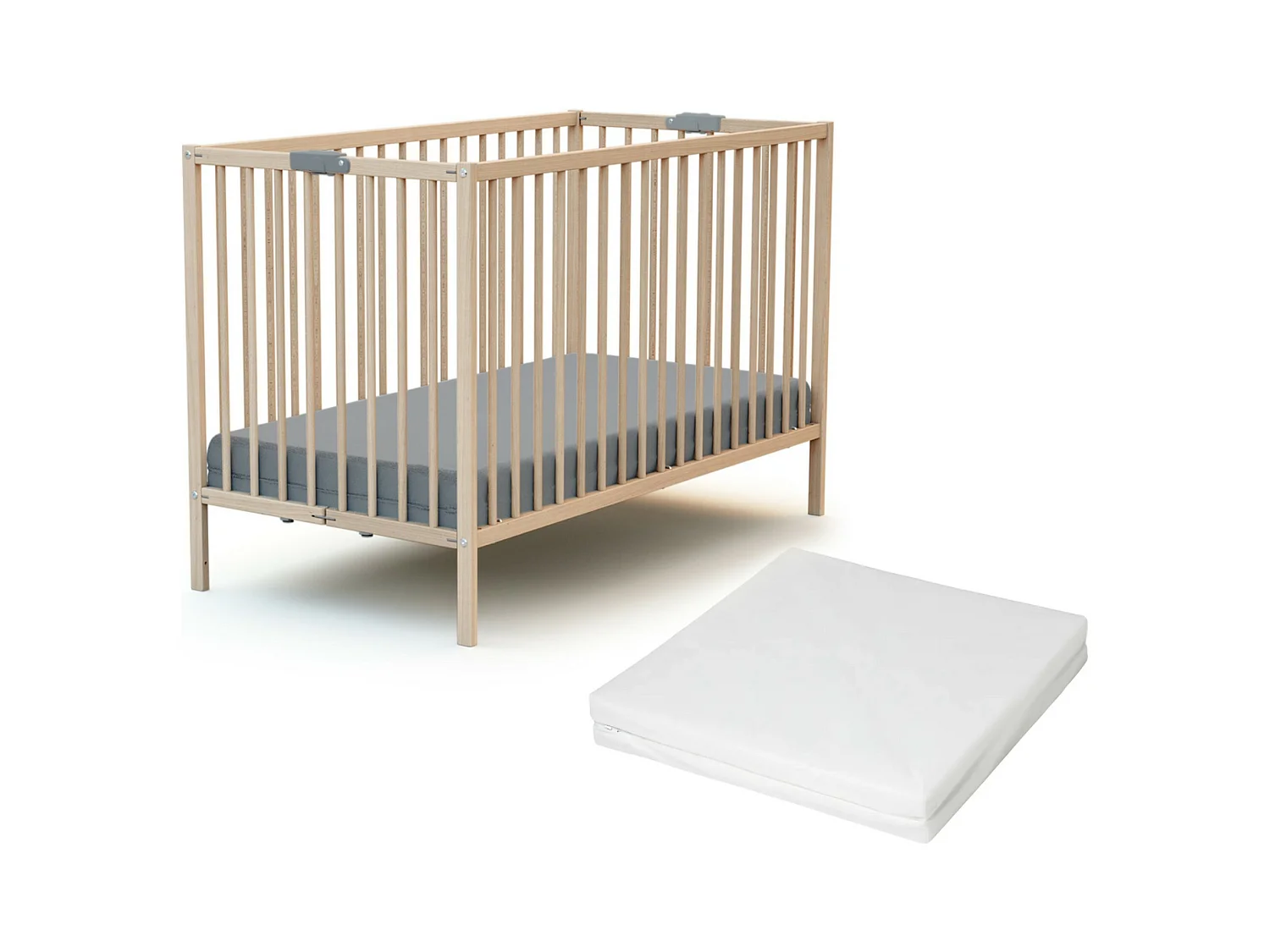 Lit bébé pliant 60 x 120 en bois Hêtre Brut avec matelas FLEX