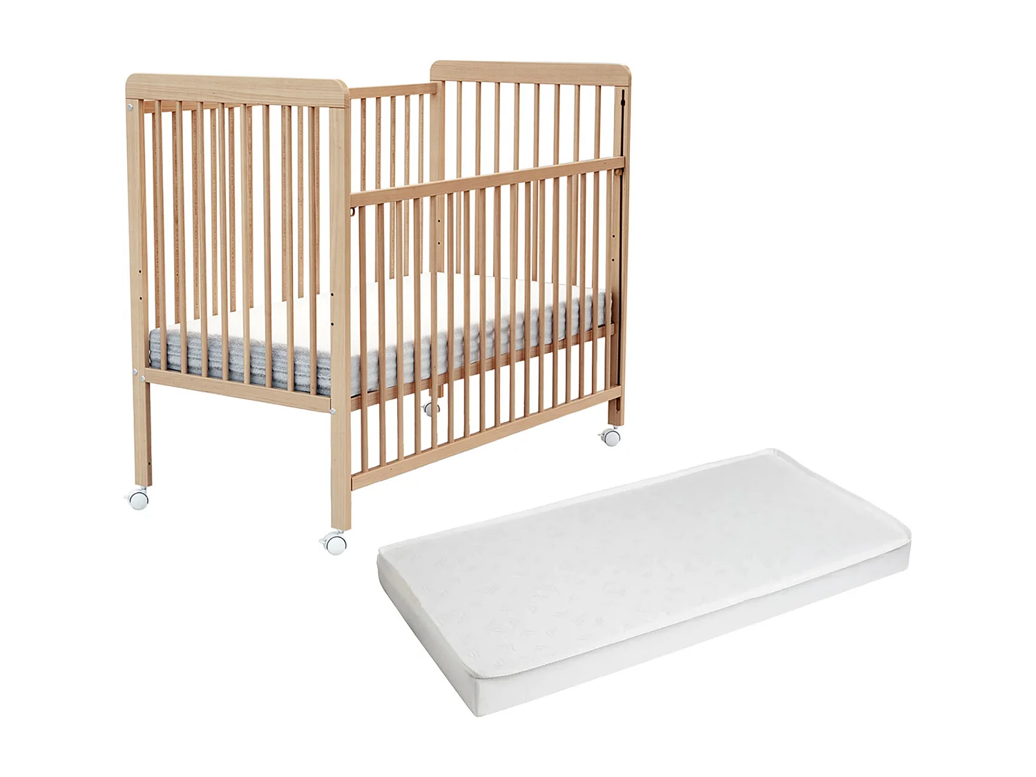 Lettino bambini con sponde regolabile e con materasso ESSENTIEL legno - Faggio verni - 60 x 120 - 124 x 64 x 98 cm