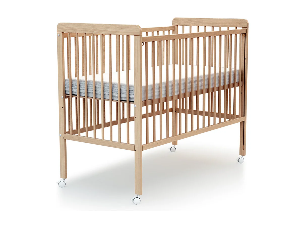 Lettino bambini con sponde regolabile e con materasso ESSENTIEL legno - Faggio verni - 60 x 120 - 124 x 64 x 98 cm