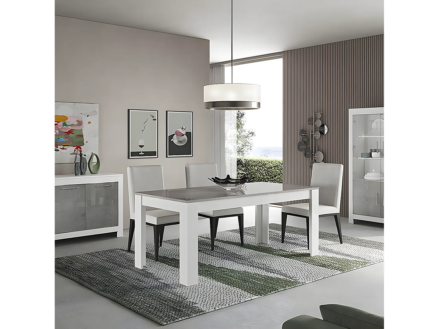 DENAE - Ensemble Séjour Complet Blanc et Gris Marbré Table 160cm + Buffet + Vitrine Leds