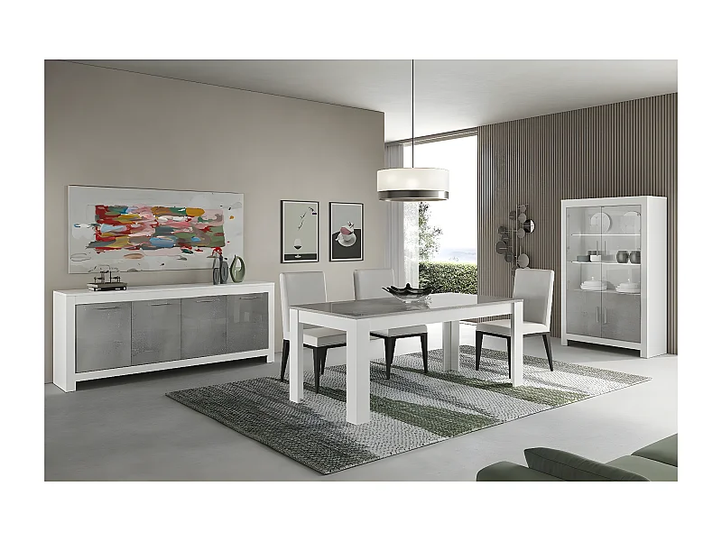 DENAE - Ensemble Séjour Complet Blanc et Gris Marbré Table 160cm + Buffet + Vitrine Leds