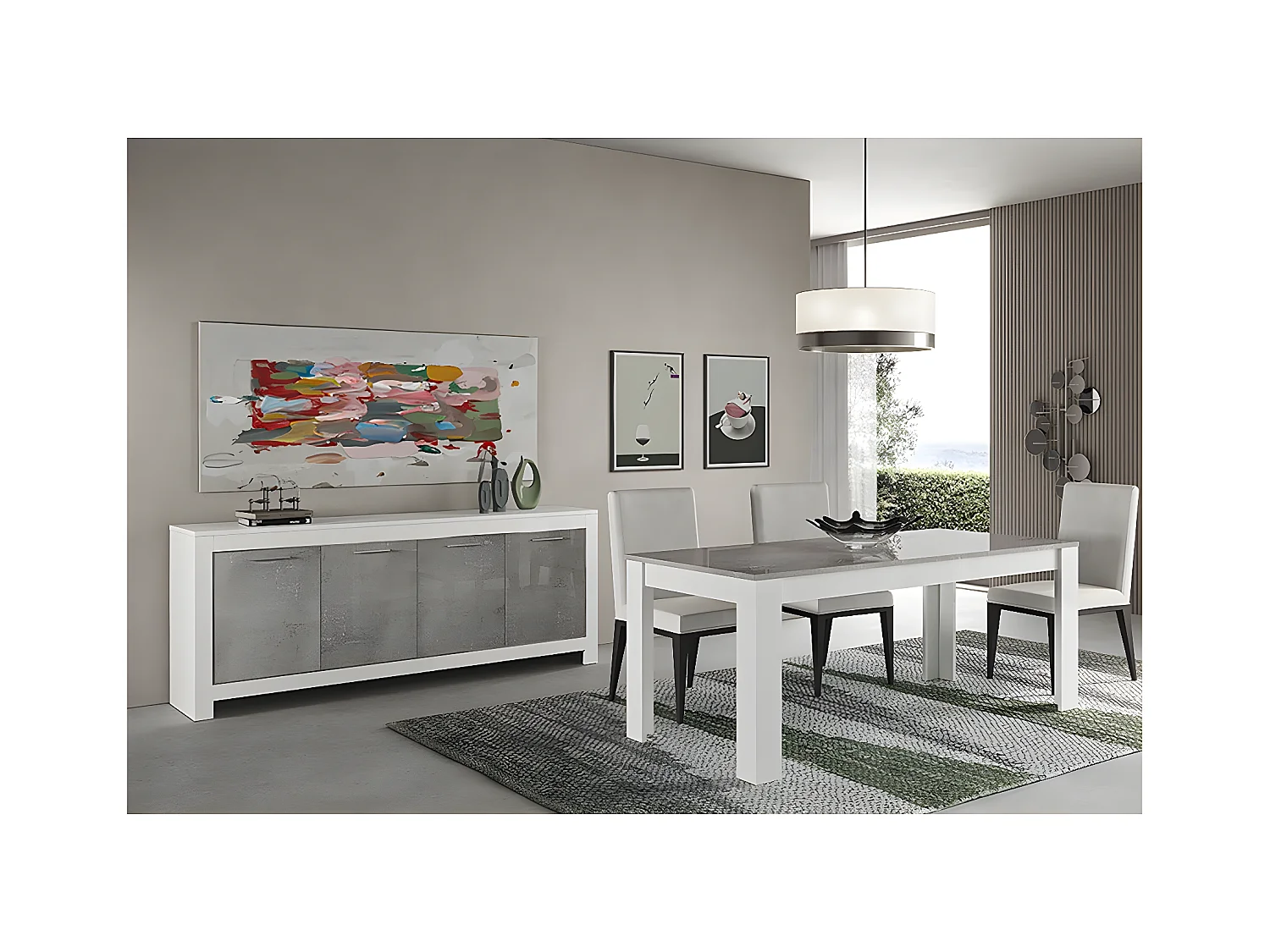 DENAE - Ensemble Séjour Blanc et Gris Marbré Table 160cm + Buffet 4 Portes