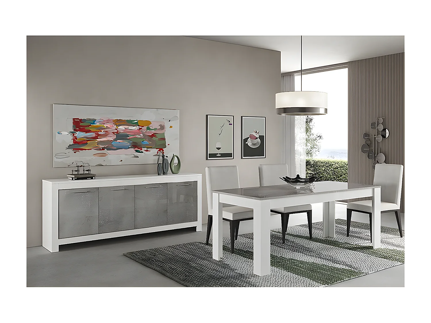 DENAE - Ensemble Séjour Blanc et Gris Marbré Table 160cm + Buffet 4 Portes