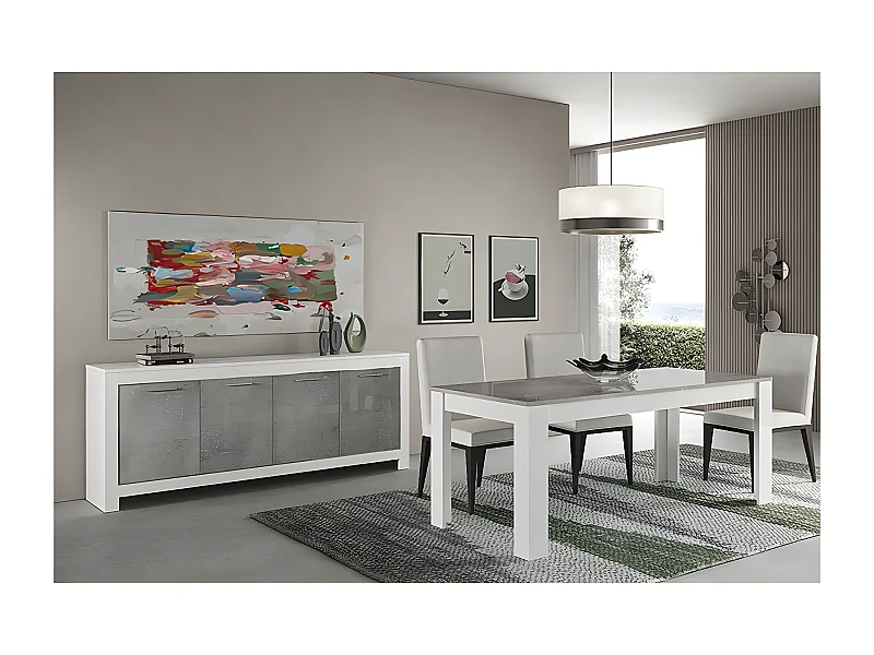 DENAE - Ensemble Séjour Blanc et Gris Marbré Table 160cm + Buffet 4 Portes