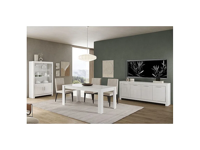 DENAE - Ensemble Séjour Complet Laqué Blanc Brillant Table 190cm + Buffet + Vitrine Leds