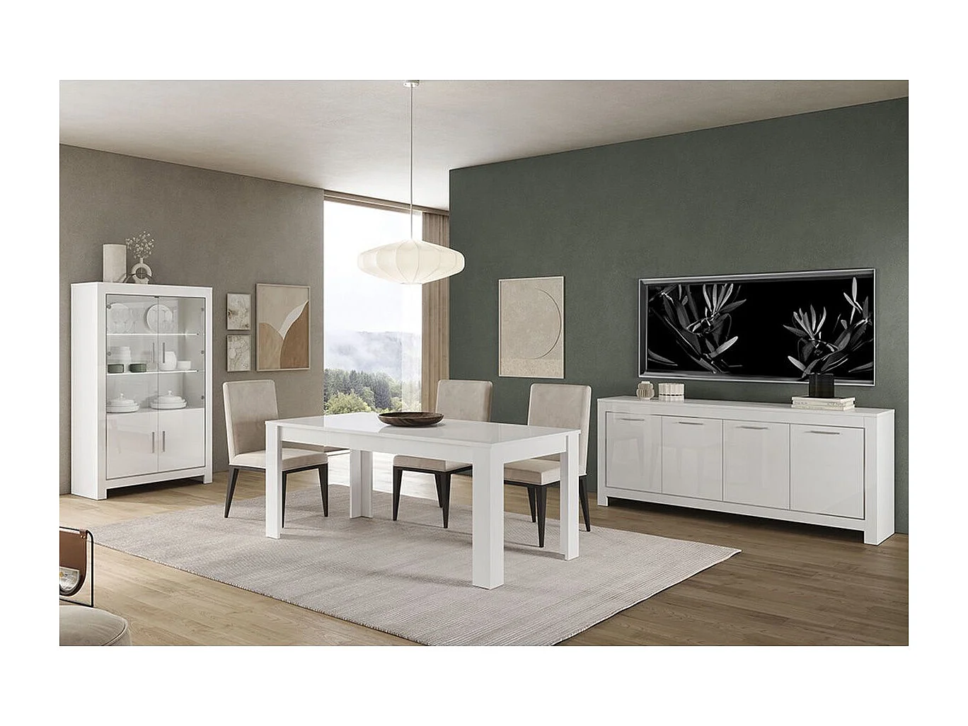 DENAE - Ensemble Séjour Complet Laqué Blanc Brillant Table 190cm + Buffet + Vitrine Leds