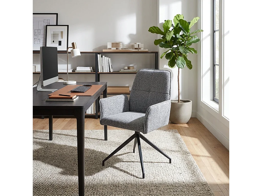 Lot 2 Chaises de Bureau Lutetia Tissu Tweed Anthracite Pieds Métal Noir 65x62x88cm