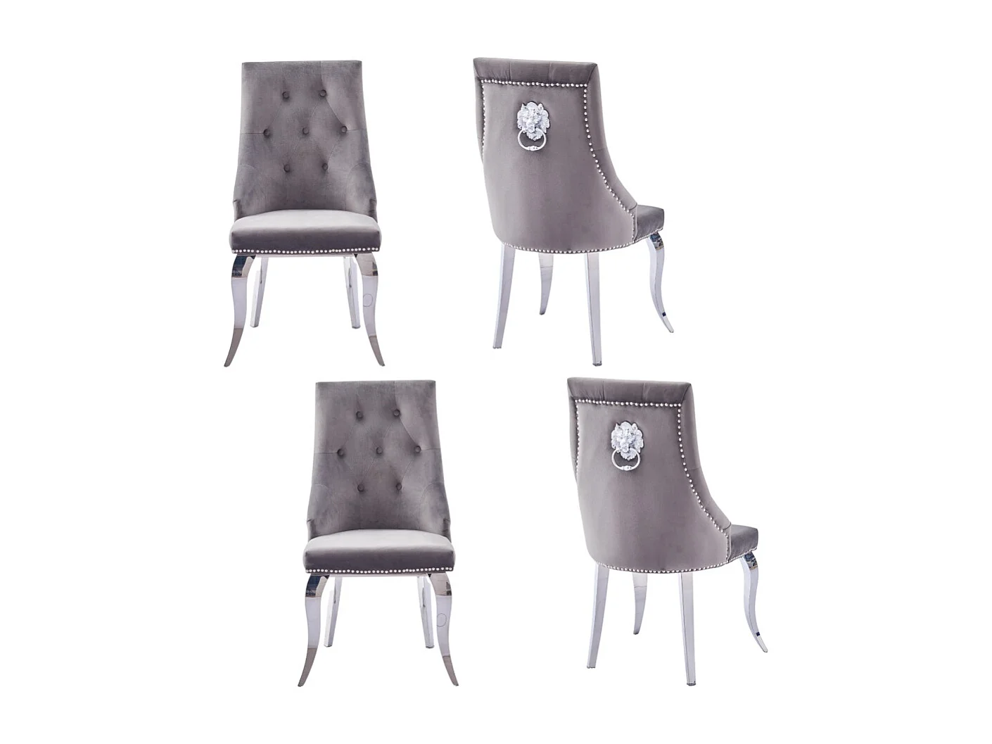 Lot de 4 Chaises LION Capitonnées et Cloutées Chrome Velours - Moka