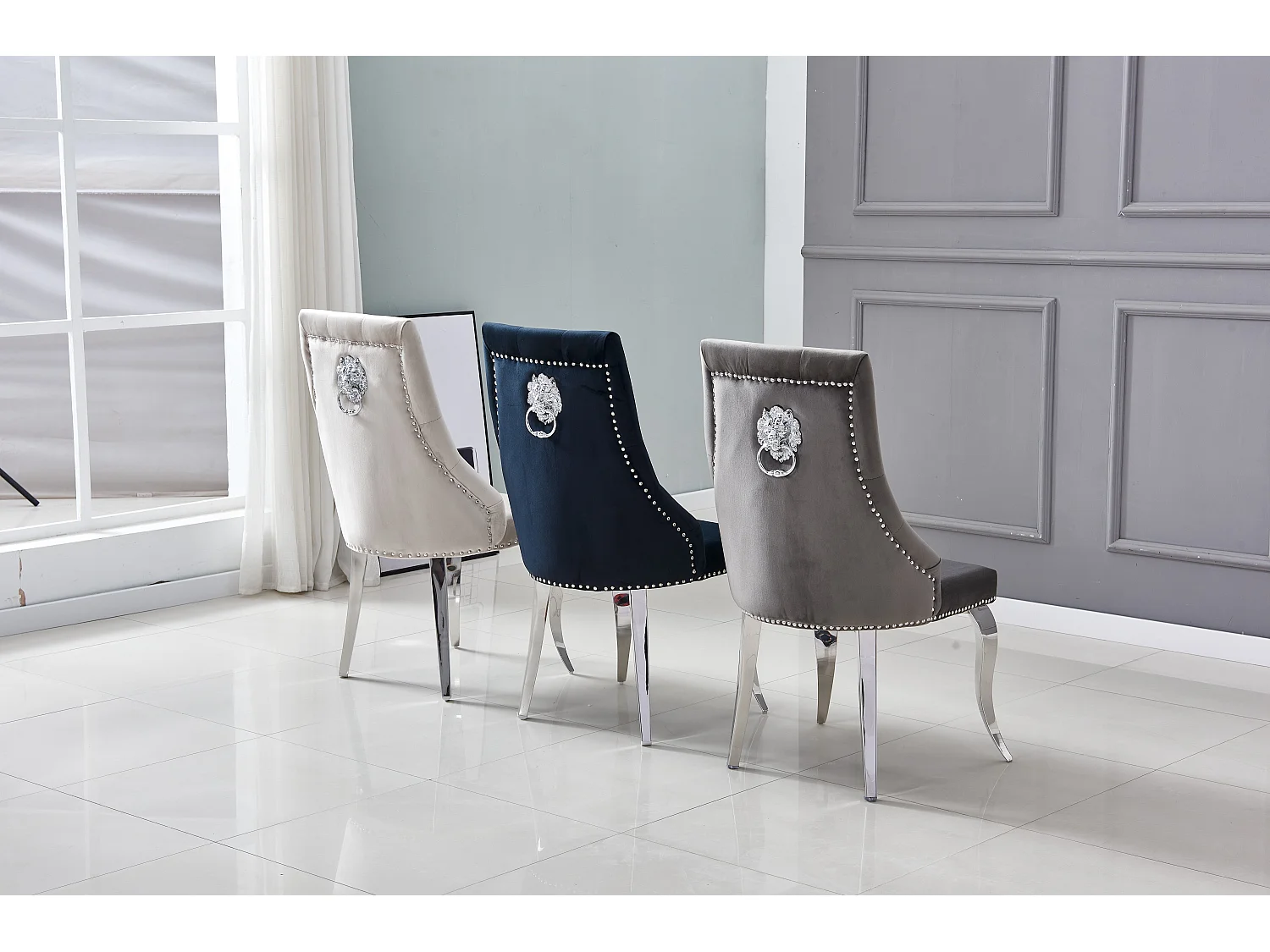 Lot de 4 Chaises LION Capitonnées et Cloutées Chrome Velours - Moka