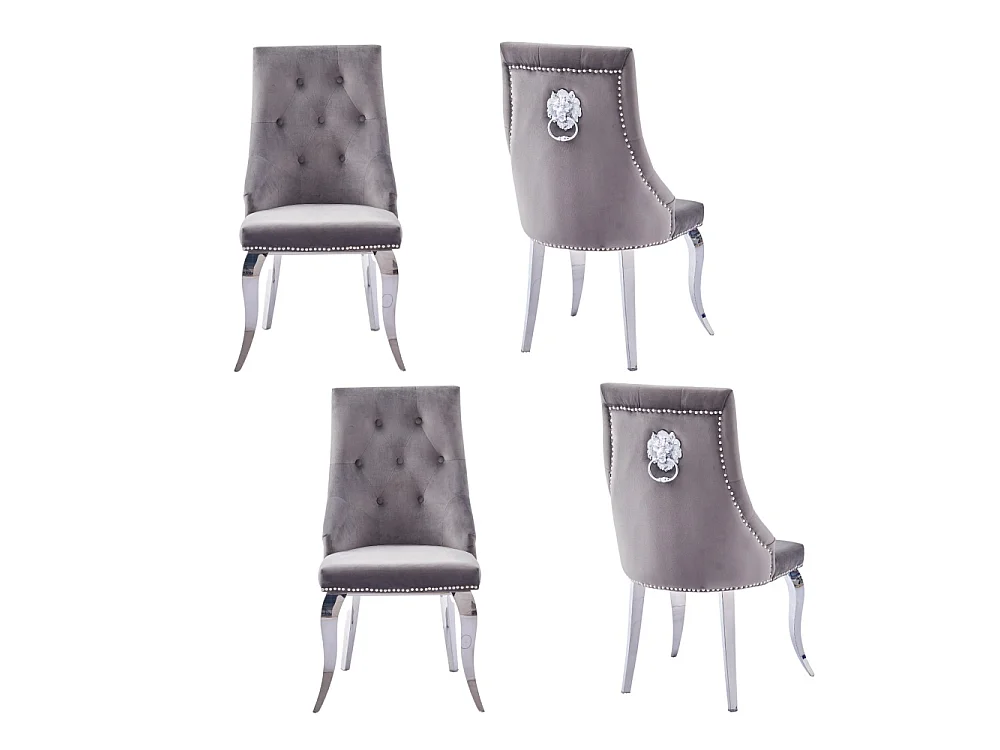 Lot de 4 Chaises LION Capitonnées et Cloutées Chrome Velours - Moka