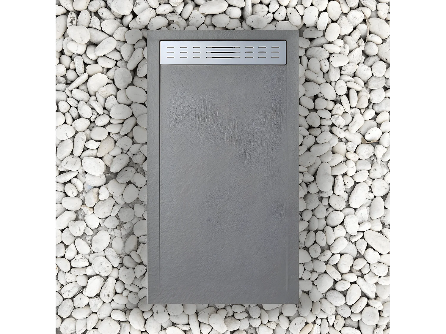 Duschwanne 90 x 165 cm mit Seitengitter Vulcano Line Slim Grau RAL 7037 aus Kunstharz und Marmorpulver mit Ablauf