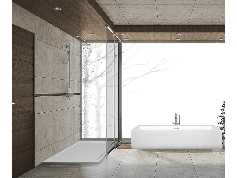 RECEVEUR DE DOUCHE 140X90 cm Ligne Bianco Vulcano SLIM en résine et poudre de marbre avec grille latérale en résine de marbre