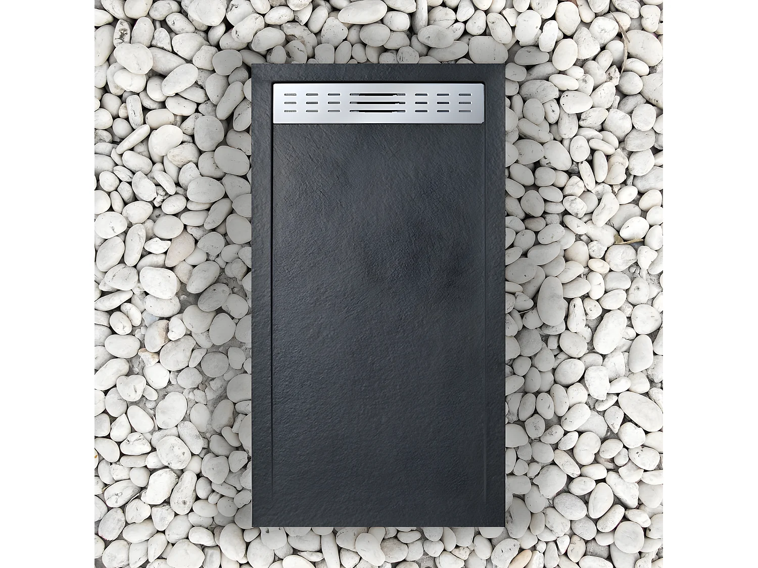 Receveur de douche 90X120 cm avec grille latérale Vulcano Line Extra Slim noir en résine synthétique et poudre de marbre avec drain