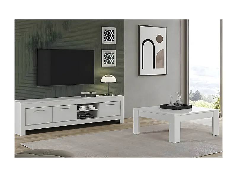 DENAE - Ensemble Salon Laqué Blanc Brillant Meuble TV 3 Portes + Table Basse Carrée