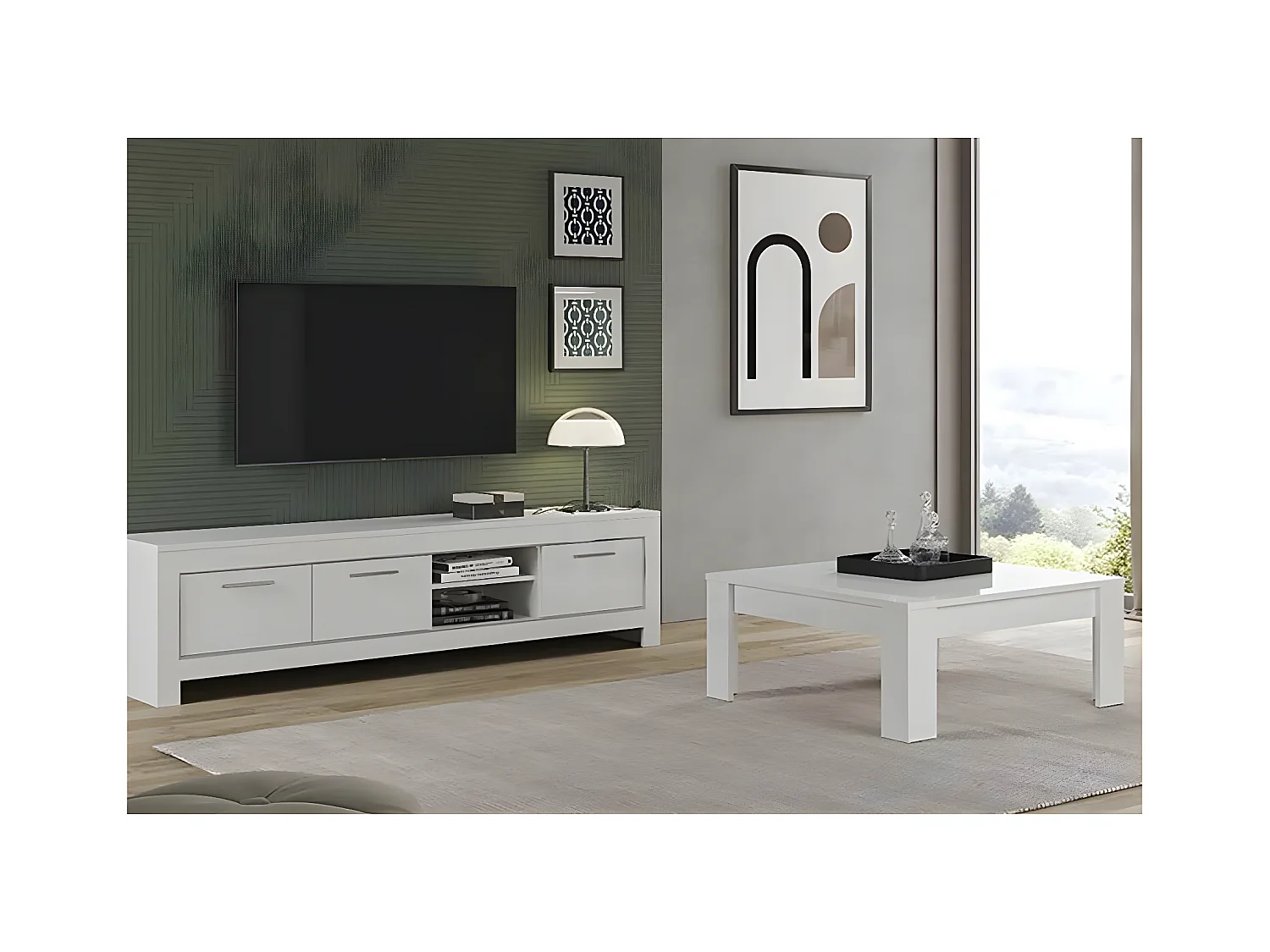 DENAE - Ensemble Salon Laqué Blanc Brillant Meuble TV 3 Portes + Table Basse Carrée