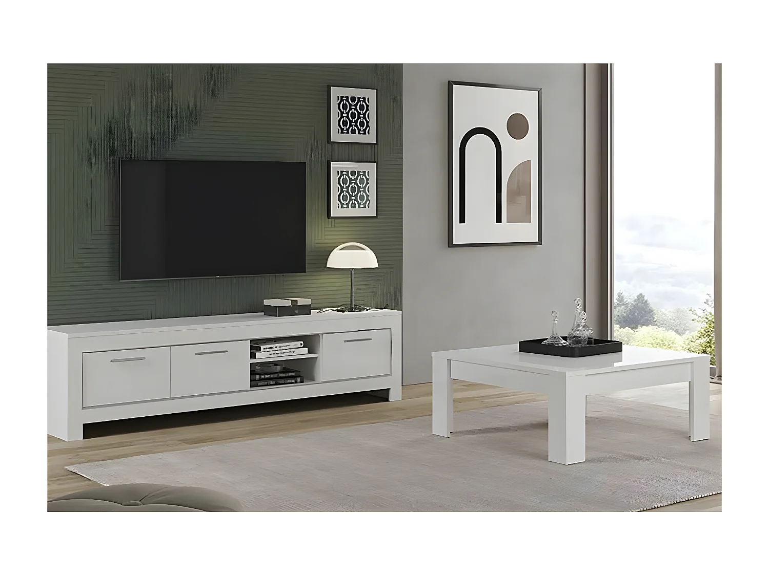 DENAE - Ensemble Salon Laqué Blanc Brillant Meuble TV 3 Portes + Table Basse Carrée