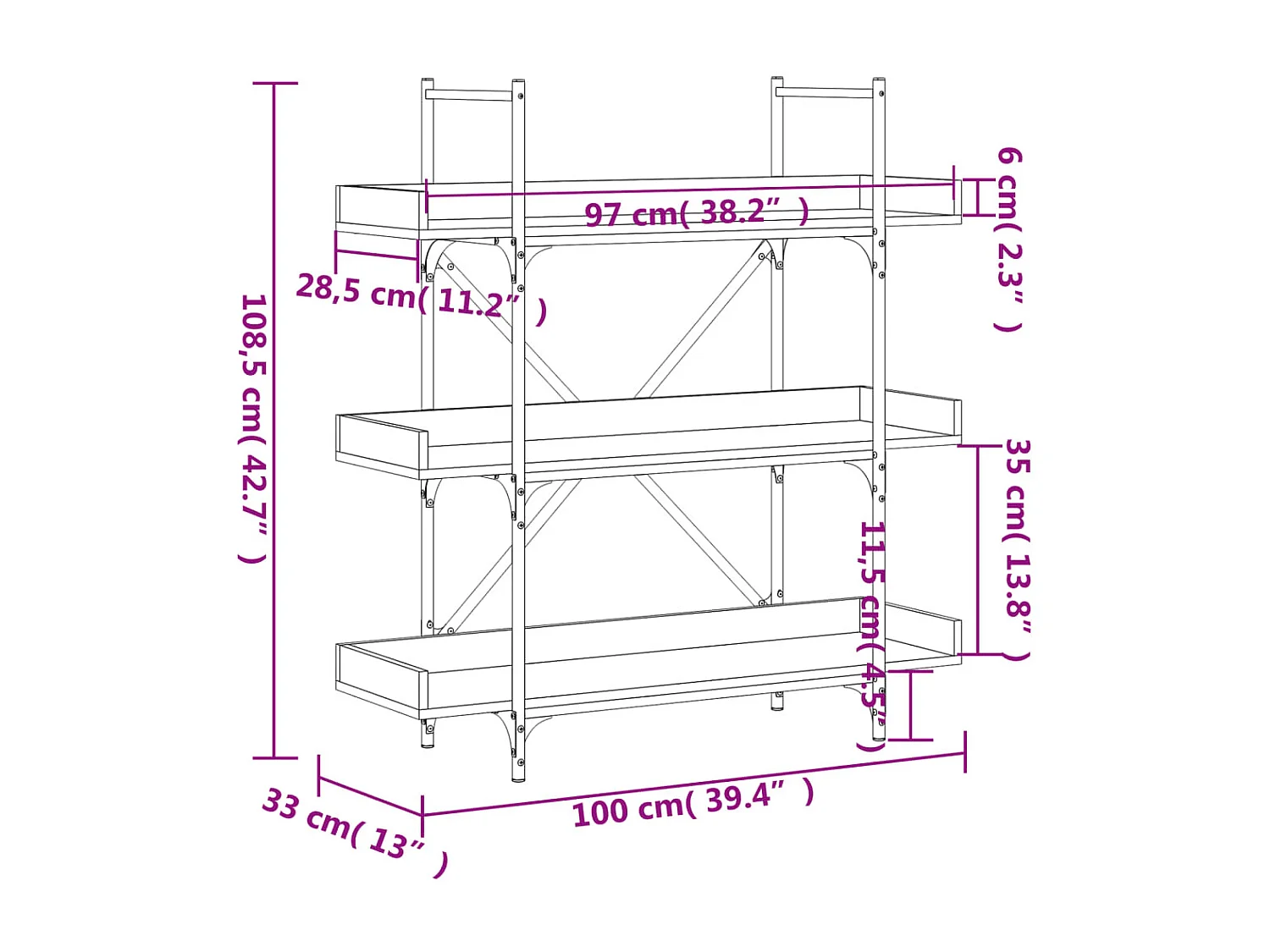 Librería de 3 estantes madera ingeniería negro 100x33x108,5 cm
