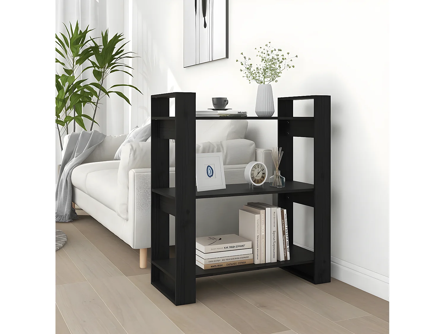 Bibliothèque/Séparateur de pièce Noir 80x35x91 cm Pin solide