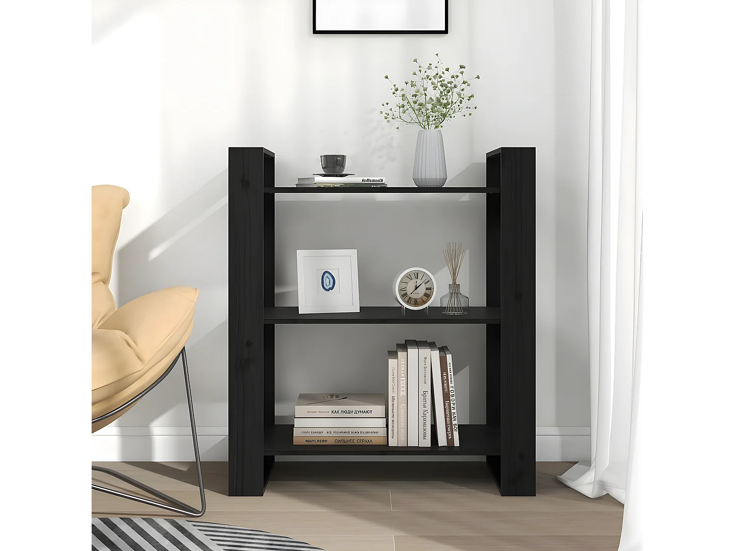 Bibliothèque/Séparateur de pièce Noir 80x35x91 cm Pin solide