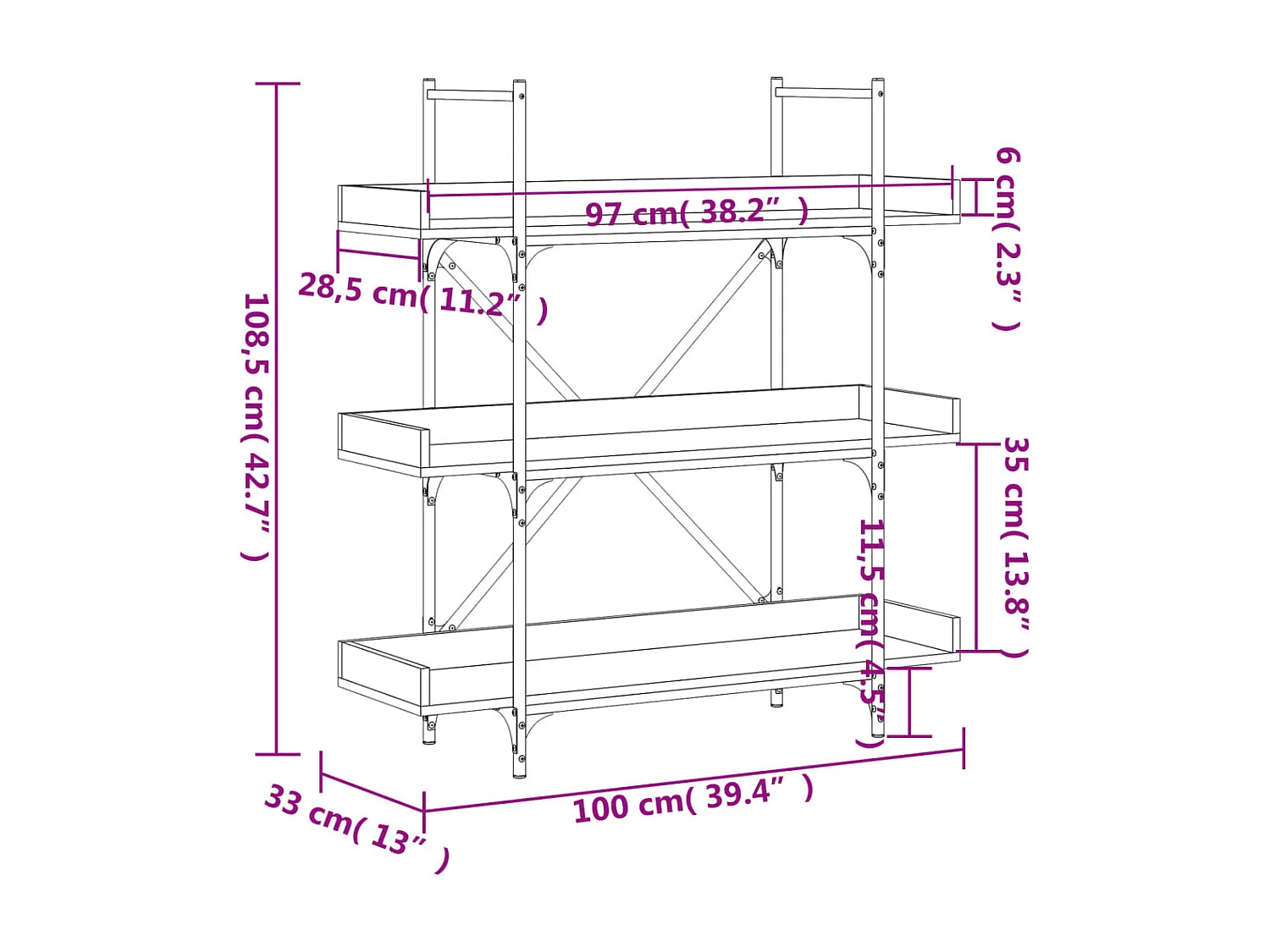Boekenkast 3-laags 100x33x108,5 cm bewerkt hout sonoma eiken