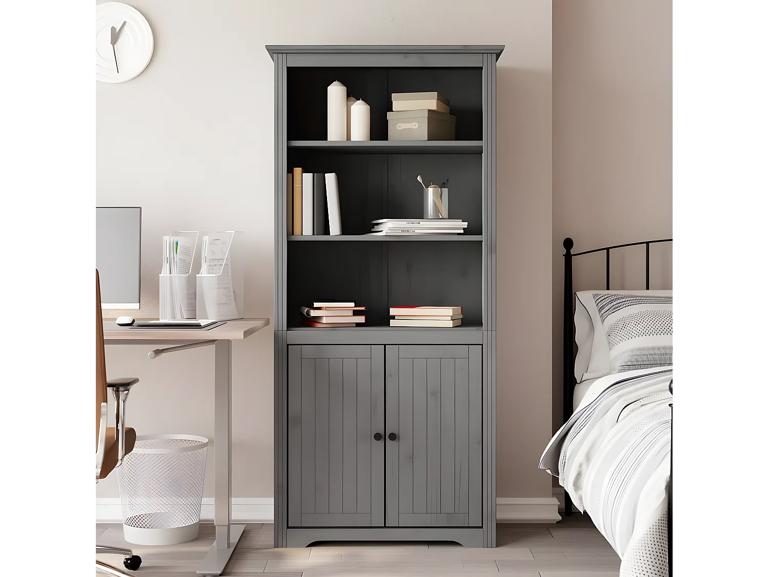 Bibliothèque BODO gris 80 x 40 x 172 cm bois de pin massif